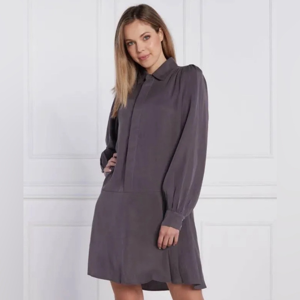 NWT SAMSOE SAMSOE Lizzy Shirt Dress in Grey Long Puff Sleeve Drop Waist Size M